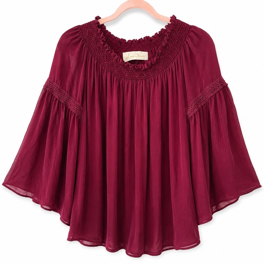 Love Sam 100% Silk Boho Peasant Blouse Burgundy Smocked Bell Sleeve Sz M